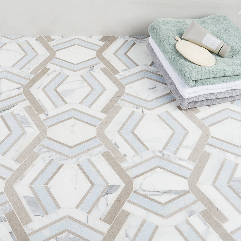 Cream and Blue Geometric Polished Marble Mosaic Tile 11x18