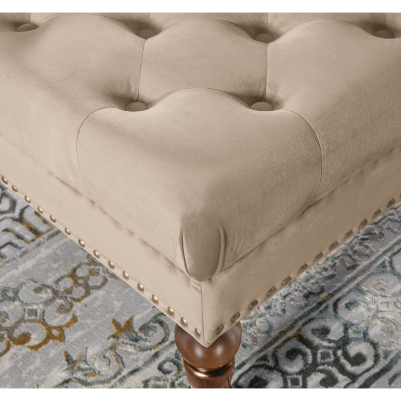 Vintage Tan Velvet Tufted Ottoman with Antique Brass Nailheads