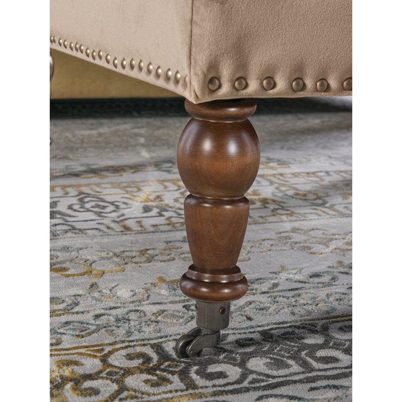 Vintage Tan Velvet Tufted Ottoman with Antique Brass Nailheads