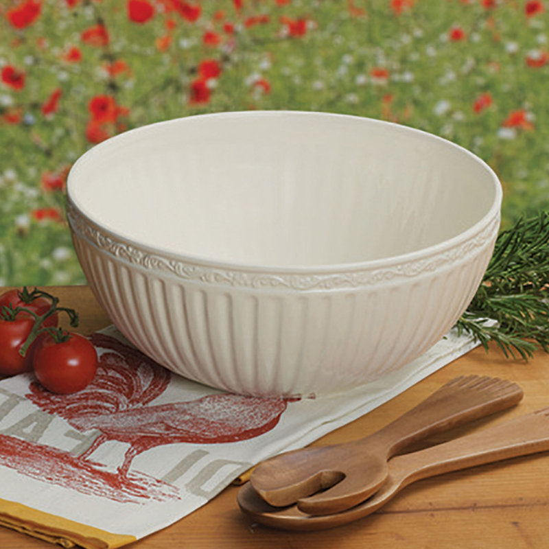 White Ceramic Salad Bowl with Acacia Wood Utensils, 2-Piece Set