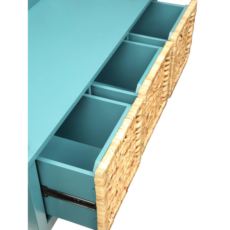 Teal Wood Storage Bench with Rattan Baskets