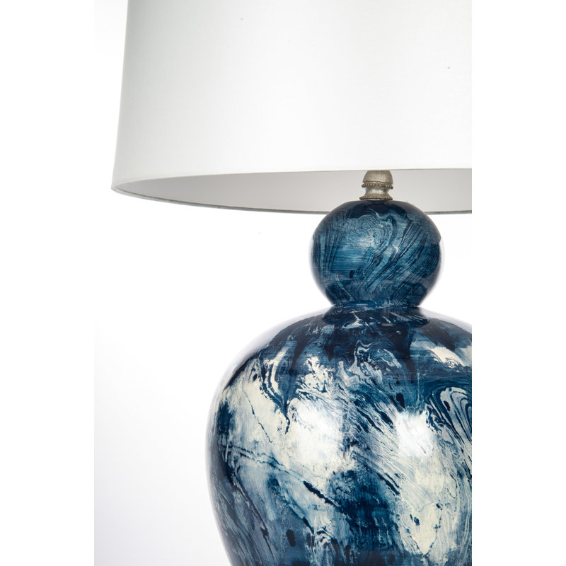 Marbleized Blue Ceramic and Crystal Table Lamp with Off-White Shade