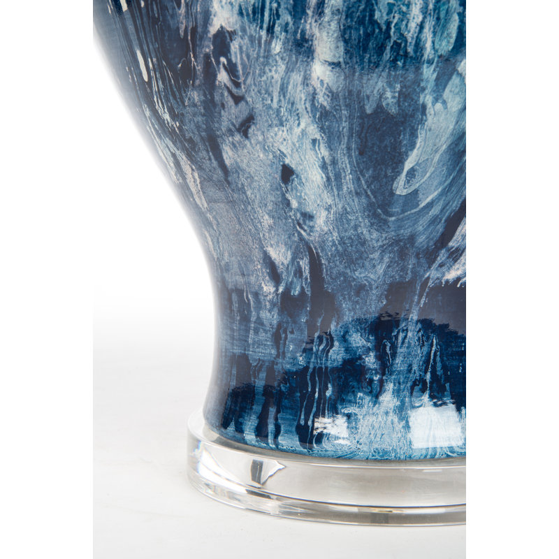 Marbleized Blue Ceramic and Crystal Table Lamp with Off-White Shade