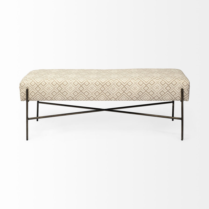 Avery II Cream Geometric Upholstered Accent Bench with Antiqued Nickel Base