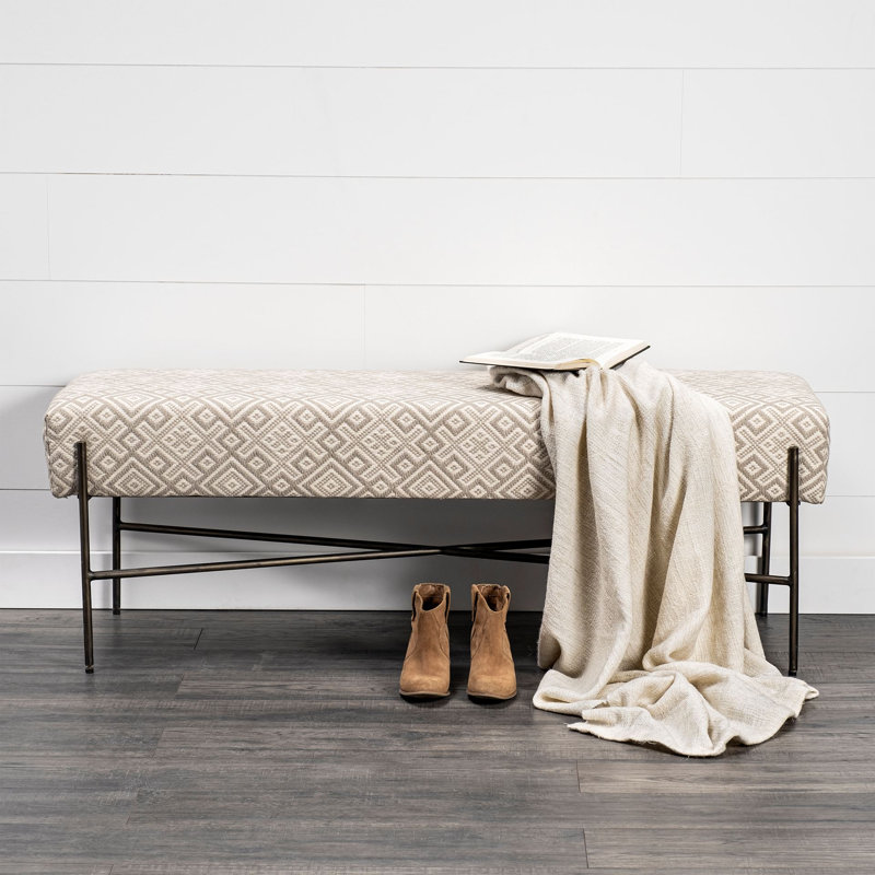 Avery II Cream Geometric Upholstered Accent Bench with Antiqued Nickel Base