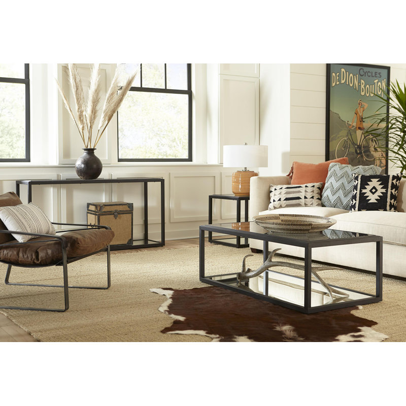 Ellis Industrial Smoked Glass Coffee Table with Mirrored Shelf
