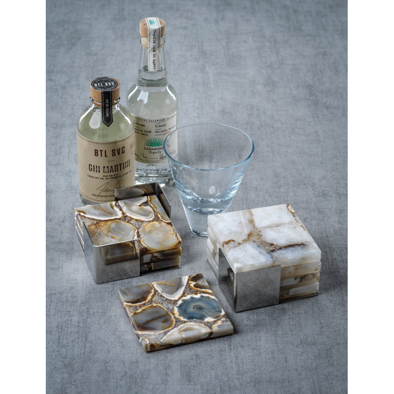 Taupe and White Agate Stone Square Coaster Set with Holder