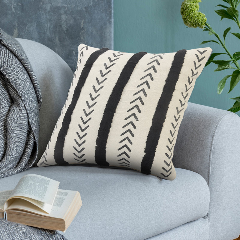 Herringbone Black & Cream Tufted Striped 20" Square Throw Pillow