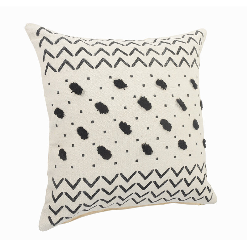 20" Square Black and Cream Tufted Grid Cotton Throw Pillow