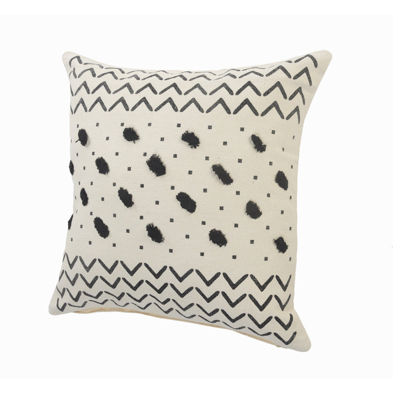 20" Square Black and Cream Tufted Grid Cotton Throw Pillow