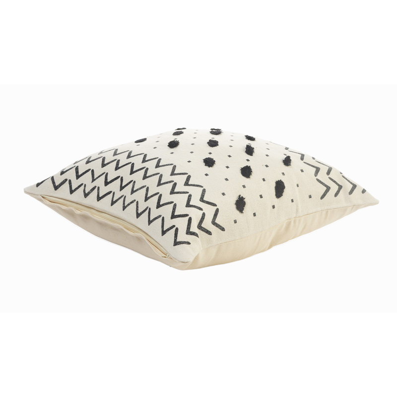 20" Square Black and Cream Tufted Grid Cotton Throw Pillow