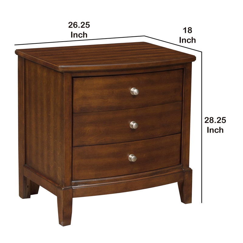 Benjara Dark Brown Solid Wood 3-Drawer Nightstand