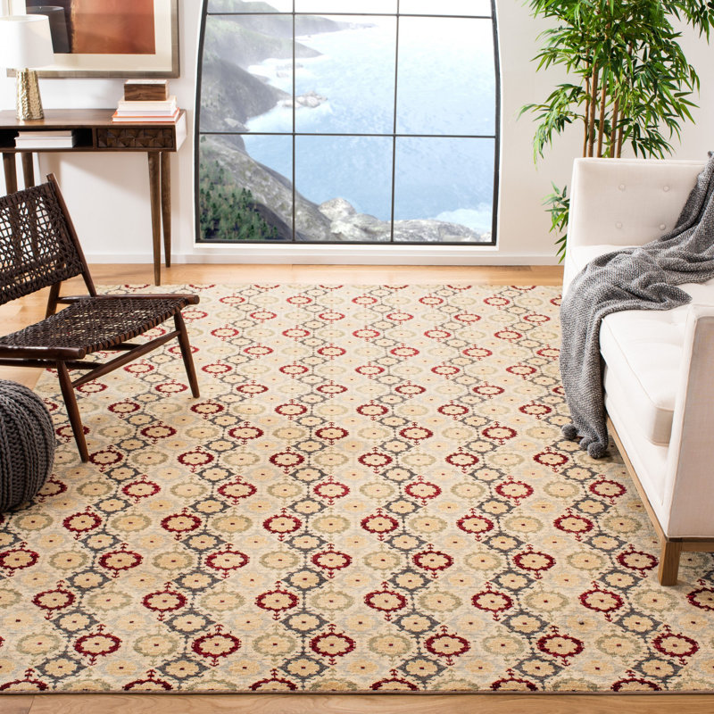 Ivory and Red Hand-Knotted Wool 6' x 9' Rug