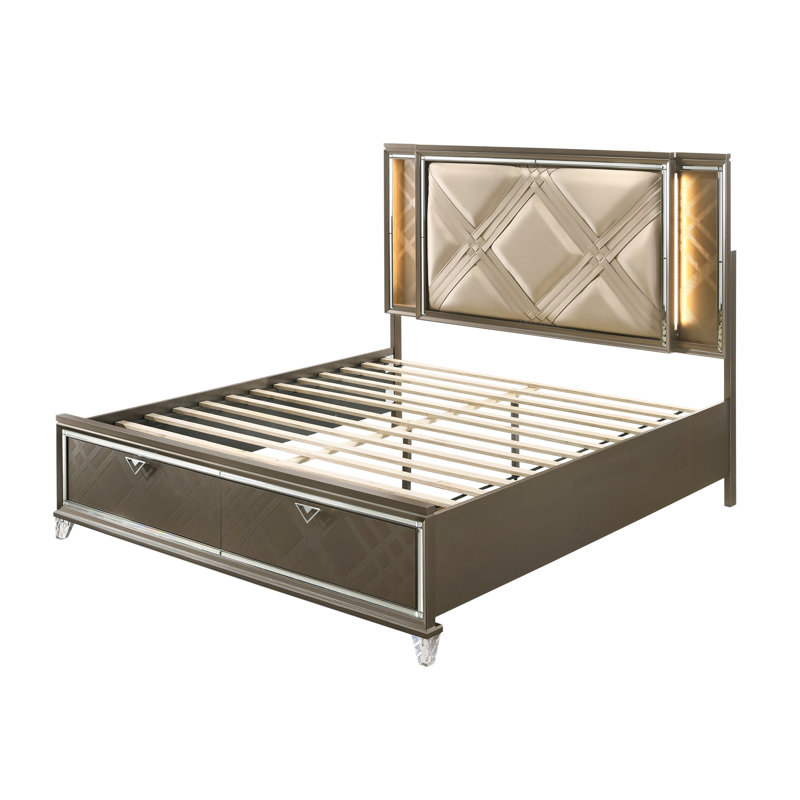 Champagne Faux Leather Full Bed with Storage and LED Lighting