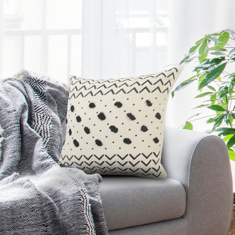 20" Square Black and Cream Tufted Grid Cotton Throw Pillow