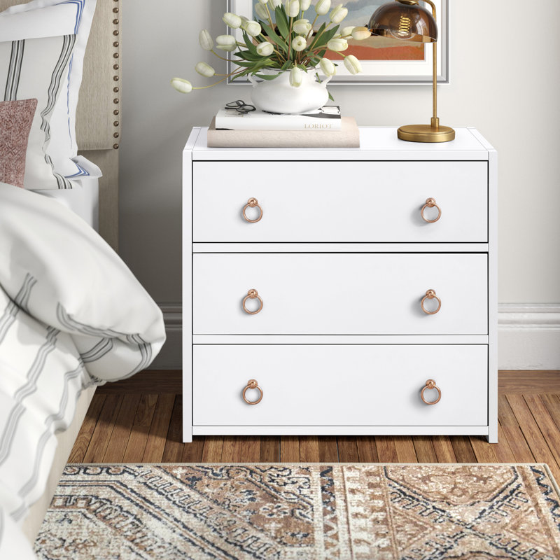 Elegant White Acacia 3-Drawer Chest with Gold Metallic Hardware