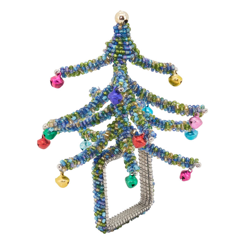 Blue Beaded Christmas Tree Napkin Rings Set of 4
