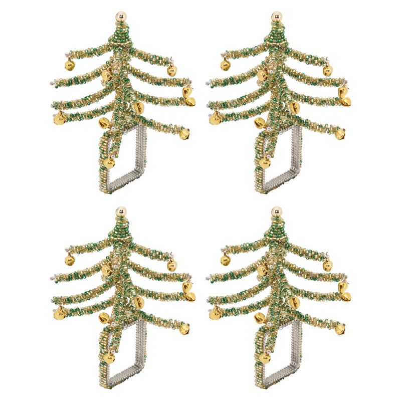 Green Beaded Christmas Tree Napkin Rings, Set of 4