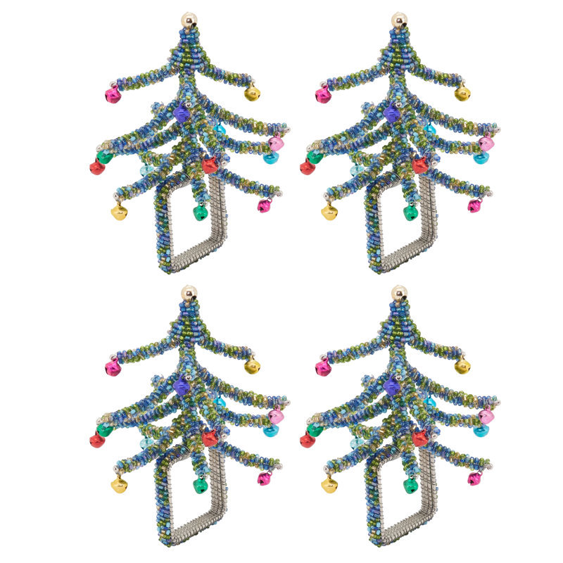 Blue Beaded Christmas Tree Napkin Rings Set of 4