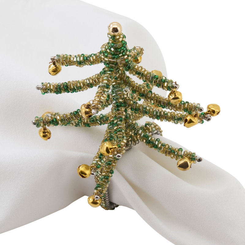 Green Beaded Christmas Tree Napkin Rings, Set of 4