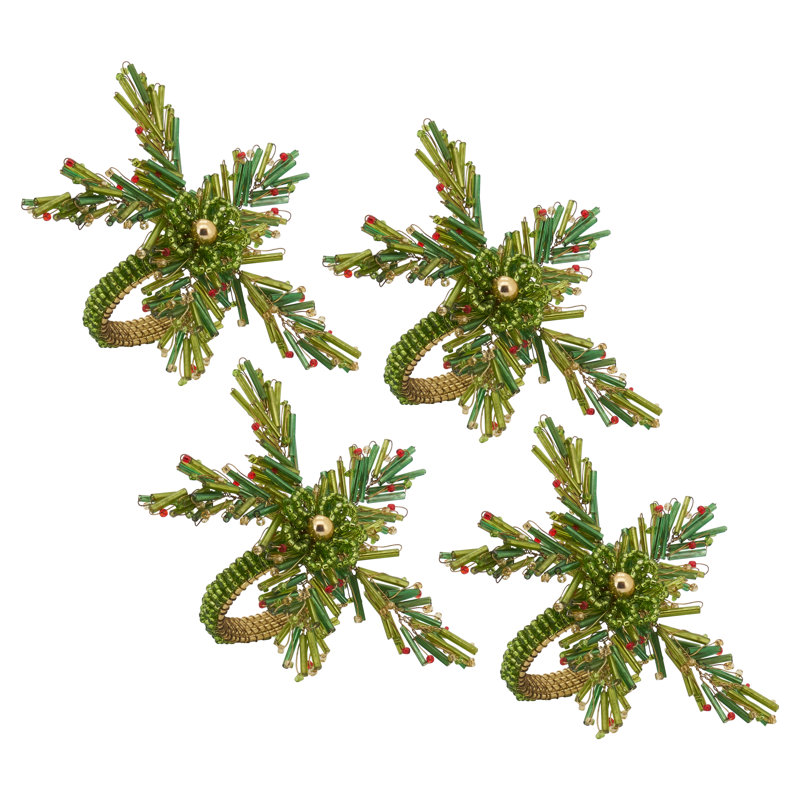 Green Beaded Pine Design Holiday Napkin Rings Set of 4