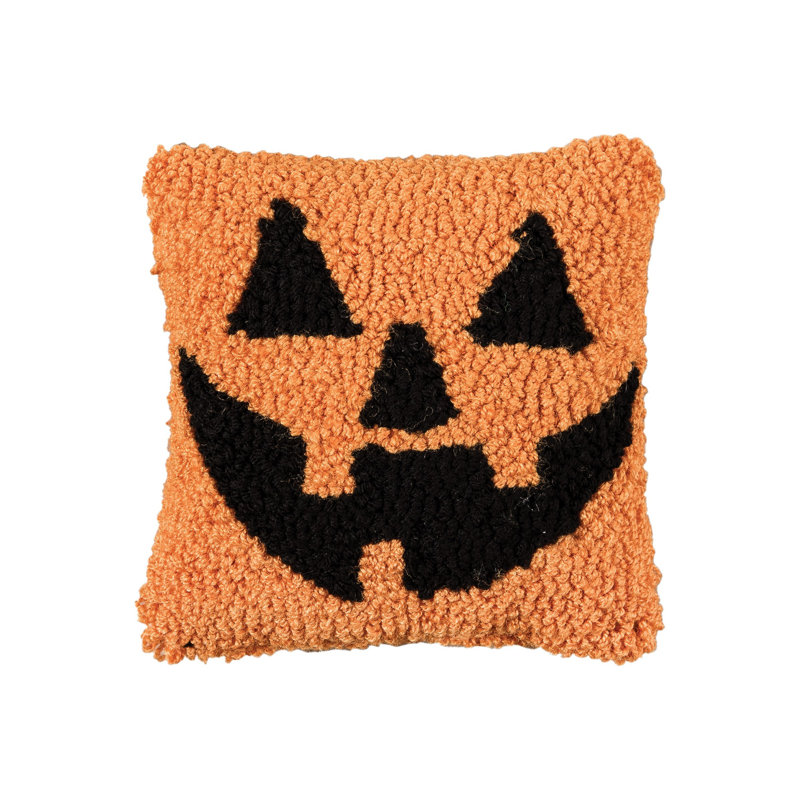 Petite Orange and Black Jack-O-Lantern Hooked Throw Pillow