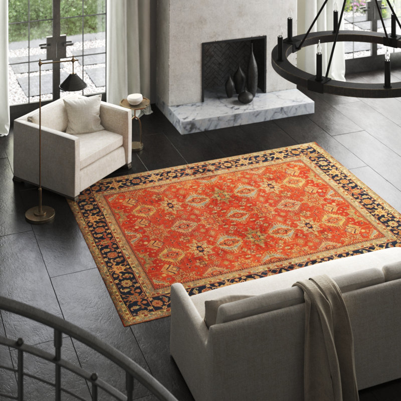 Rustic Elegance Hand-Knotted Wool Rug in Rust Orange/Navy, 9' x 12'