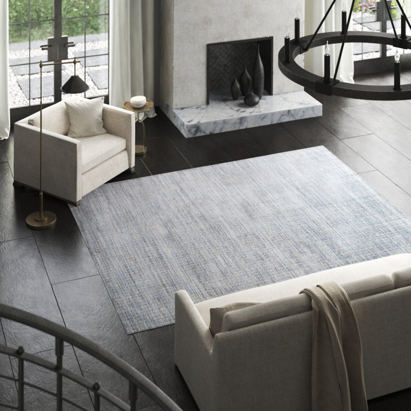 Hand-Loomed Blue Silk & Wool Blend Modern Rug - 10' x 14'