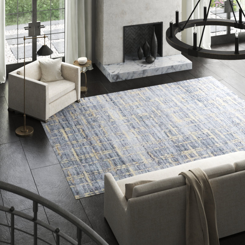 Hand-Loomed Blue Silk & Wool Blend Modern Rug - 10' x 14'