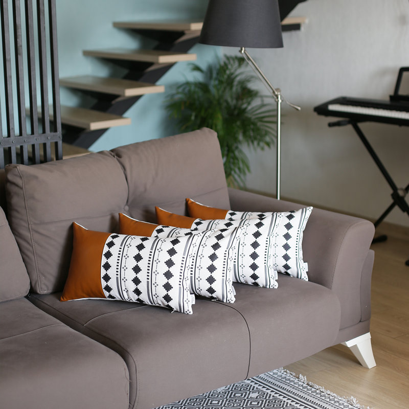 Brown and Ivory Geometric Faux Leather Lumbar Pillow Cover Set