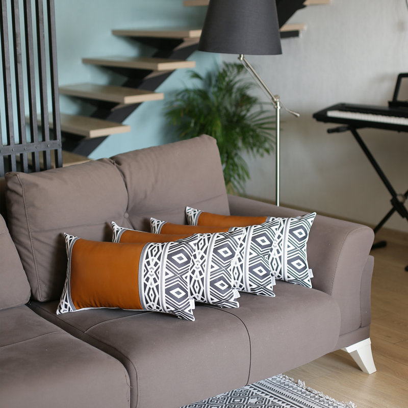 Geometric Black and Brown Faux Leather Pillow Covers Set