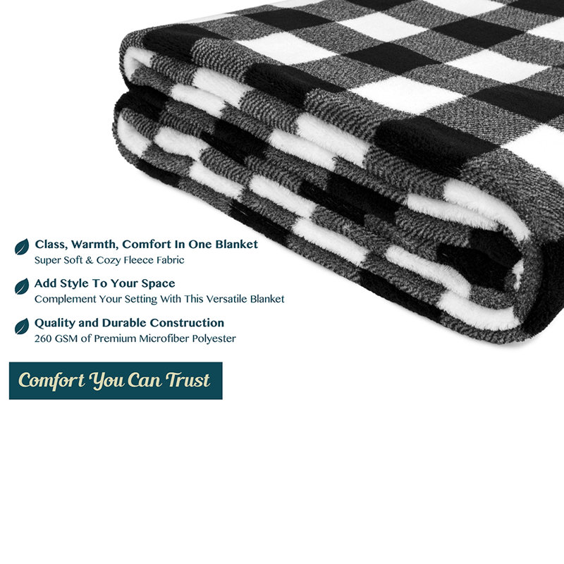Cozy King Fleece Christmas Throw Blanket in Plaid White/Black