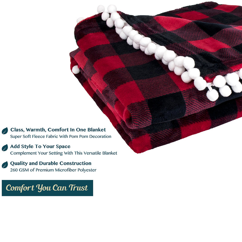 Pom Pom Fringe Twin Fleece Blanket in Plush Red
