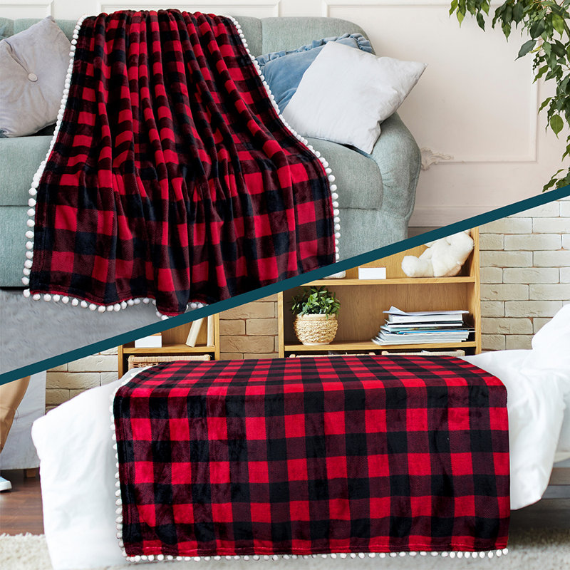 Pom Pom Fringe Twin Fleece Blanket in Plush Red