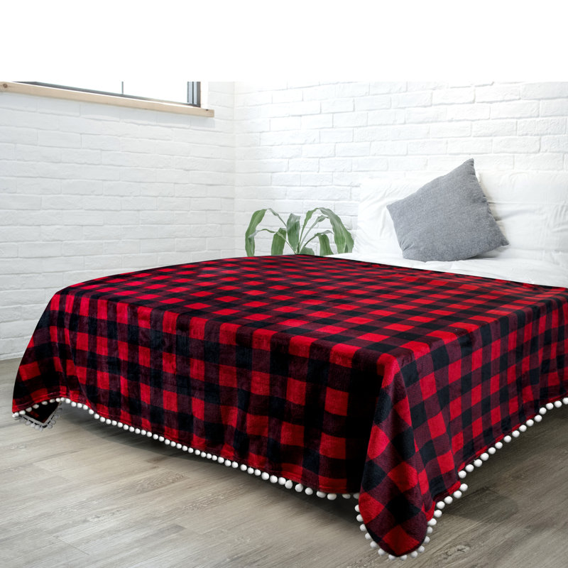 Pom Pom Fringe Twin Fleece Blanket in Plush Red