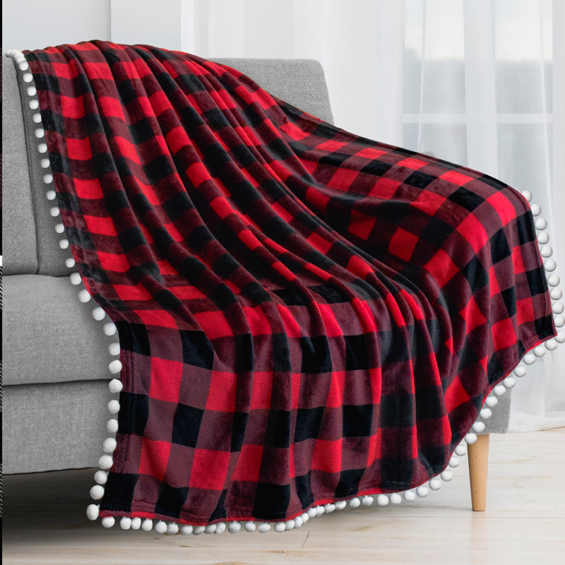 Pom Pom Fringe Twin Fleece Blanket in Plush Red
