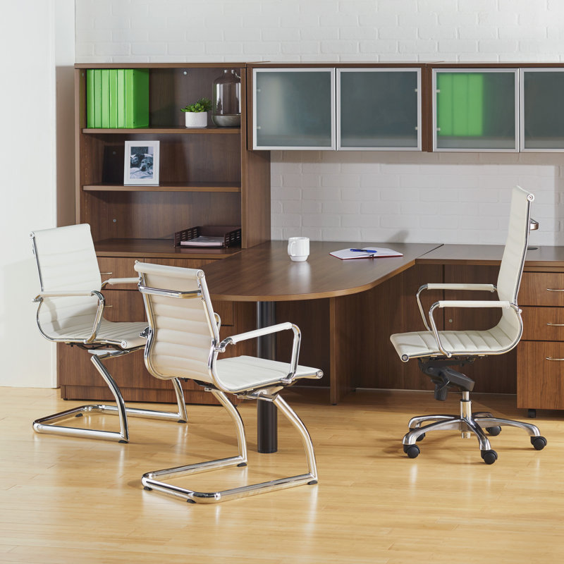 Modern White Leather Guest Chair with Polished Metal Frame