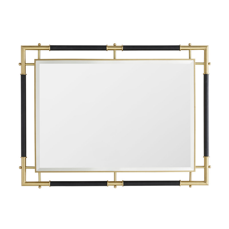 Atlanta Luxe Gold Brass and Navy Leather Rectangular Wall Mirror
