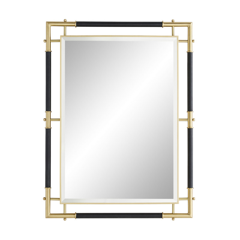 Atlanta Luxe Gold Brass and Navy Leather Rectangular Wall Mirror