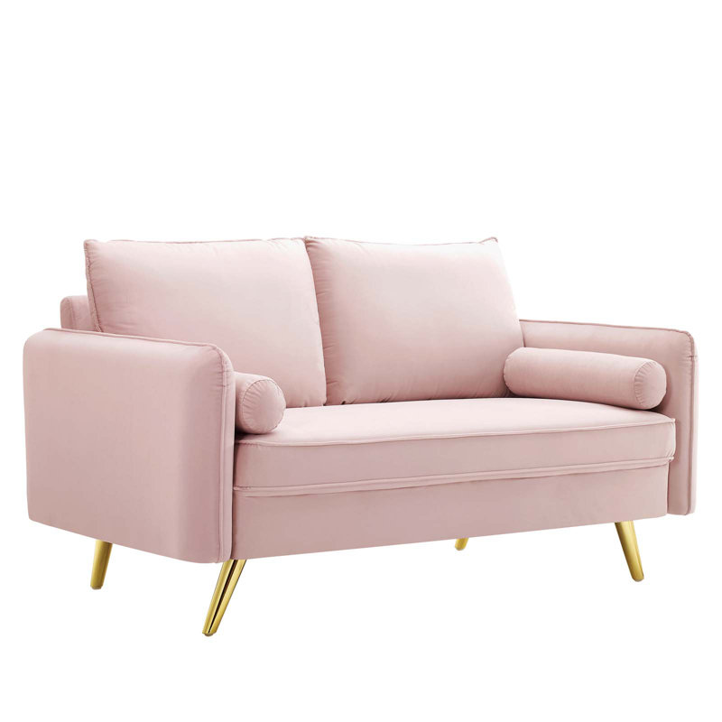 Pink Velvet Loveseat with Gold Legs and Bolster Pillows