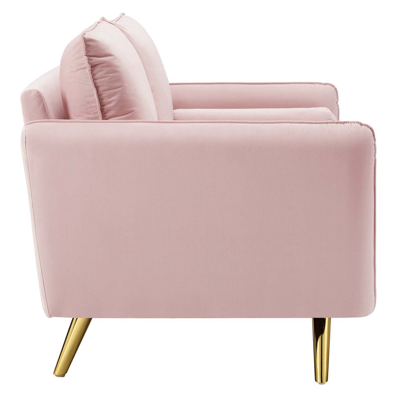 Pink Velvet Loveseat with Gold Legs and Bolster Pillows