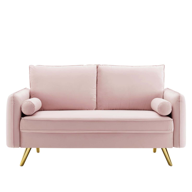 Pink Velvet Loveseat with Gold Legs and Bolster Pillows