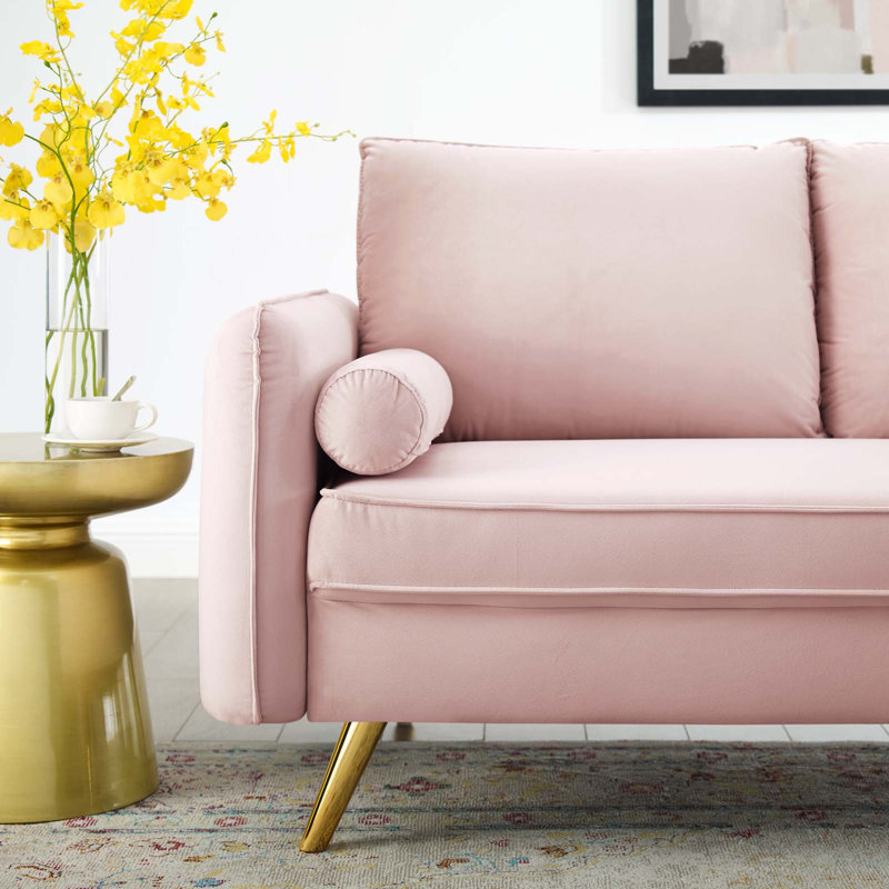 Pink Velvet Loveseat with Gold Legs and Bolster Pillows