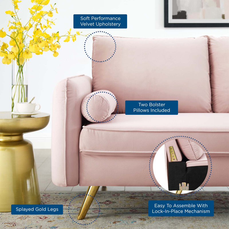 Pink Velvet Loveseat with Gold Legs and Bolster Pillows