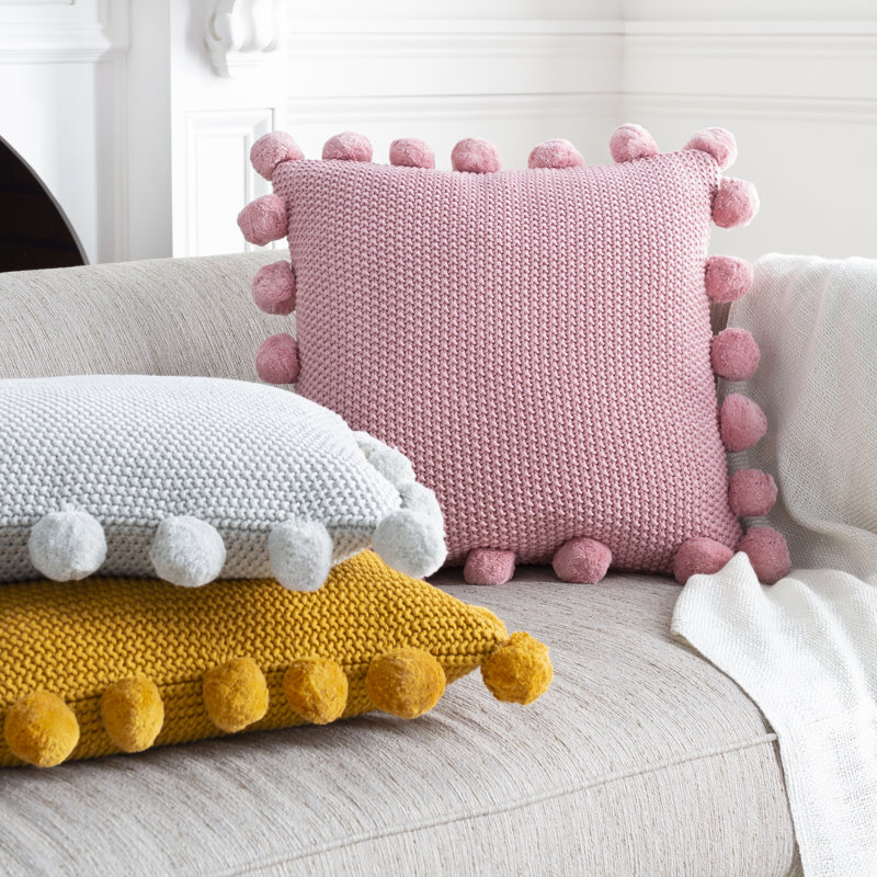Mustard Cotton Square Kids Pillow Cover with Pom Poms