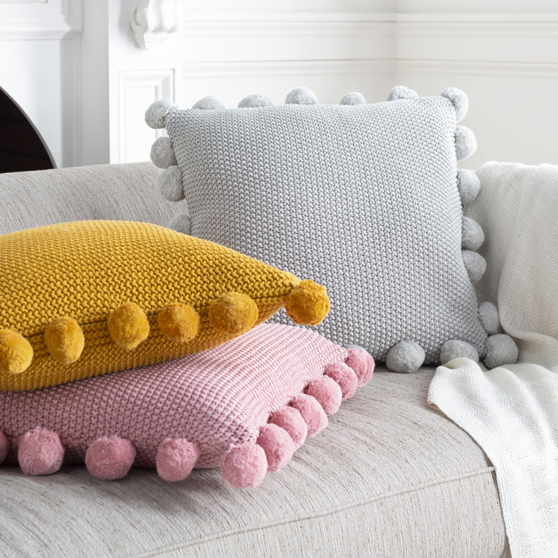 Mustard Cotton Square Kids Pillow Cover with Pom Poms