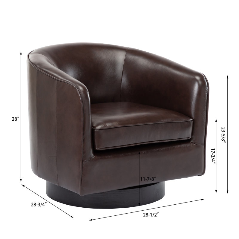 Transitional Black Top Grain Leather Swivel Barrel Chair with Wooden Base