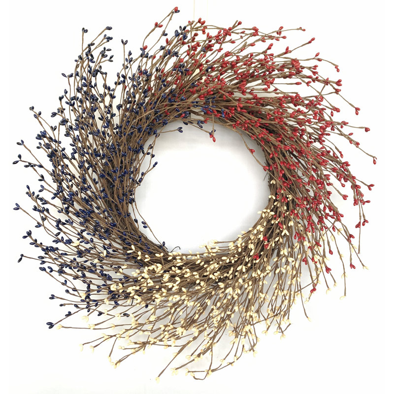 22'' Handcrafted Faux Grapevine Wreath with Blue, Red, and White Berries