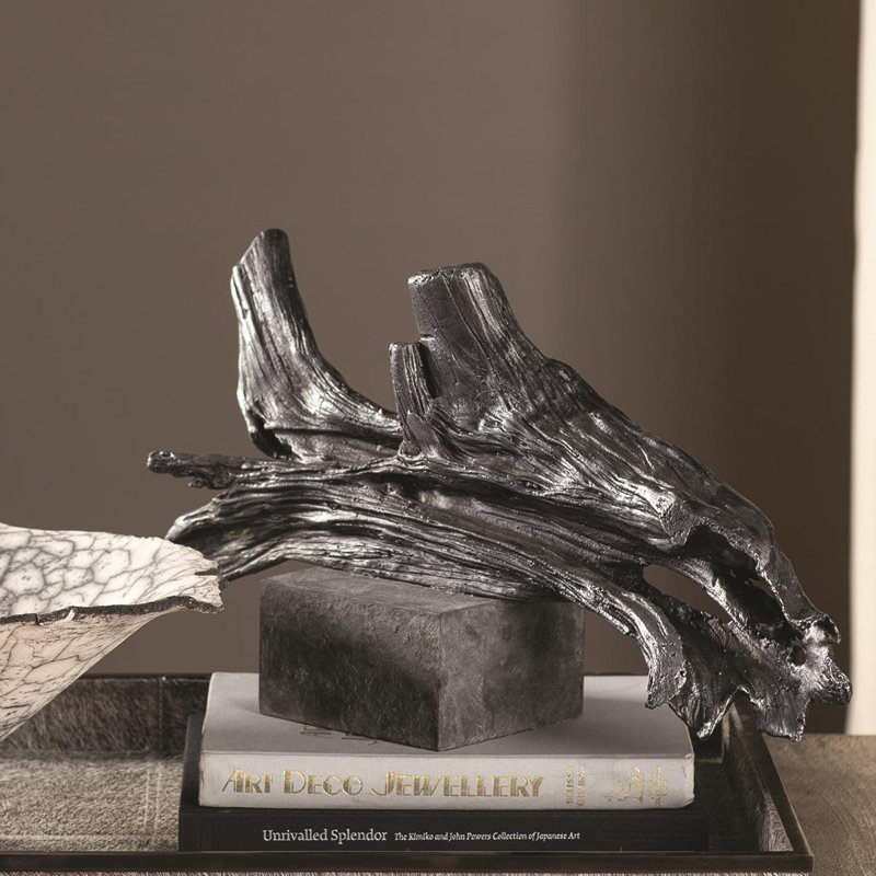 Modern Cast Iron Driftwood Sculpture with Marble Base
