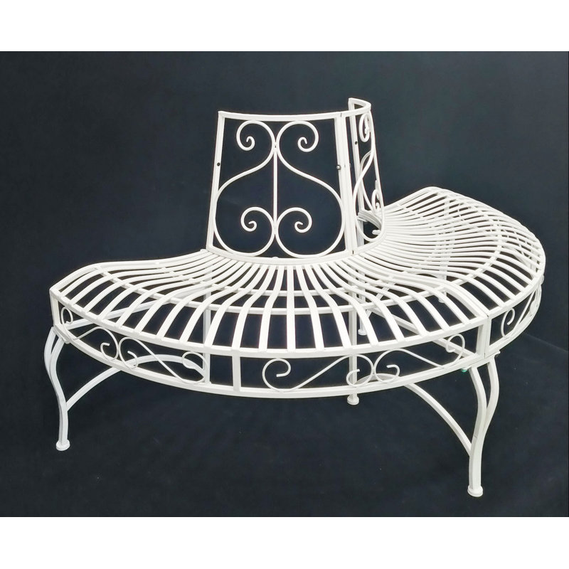 Elegant White Iron Semi-Circle Outdoor Bench